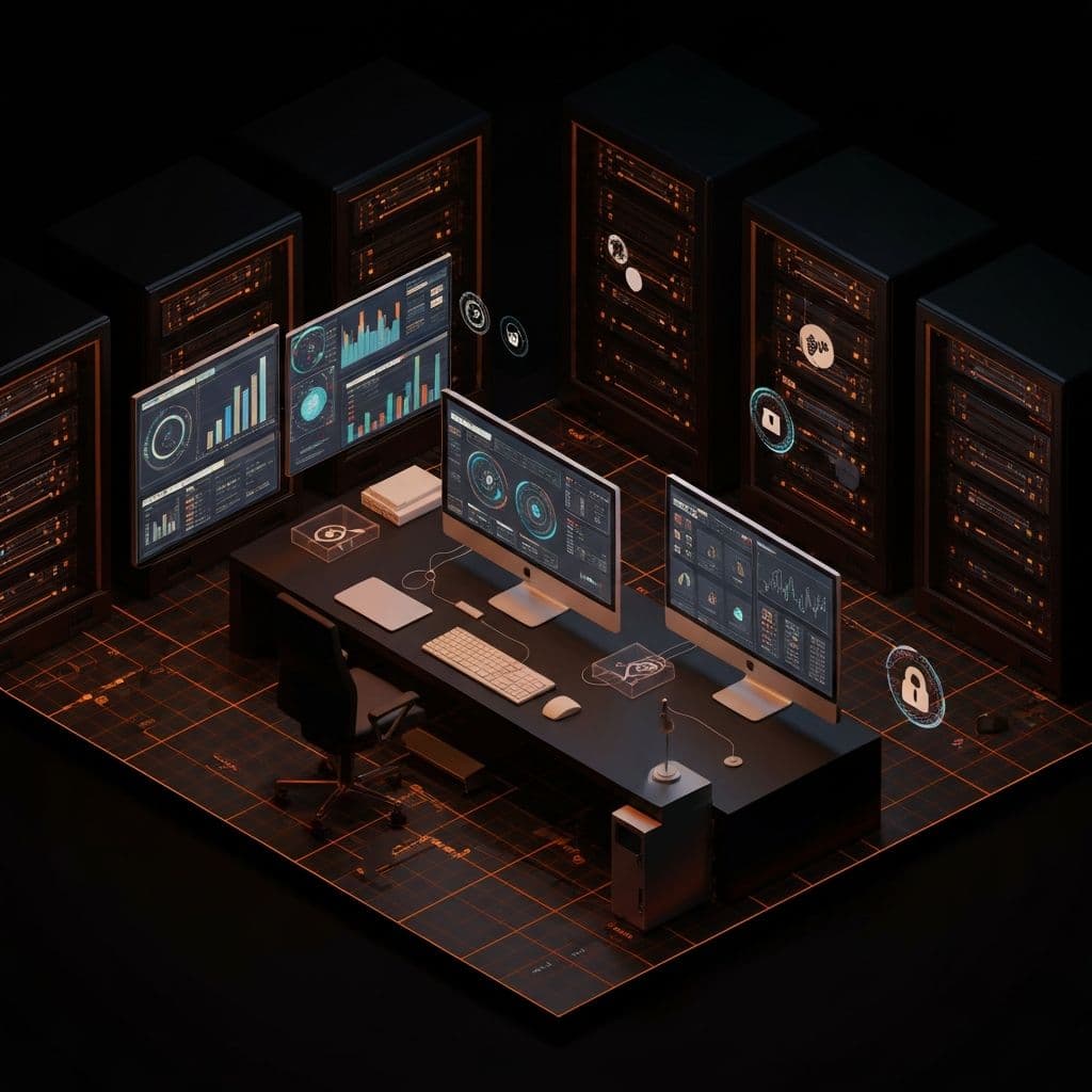 Isometric view of cybersecurity operations center
